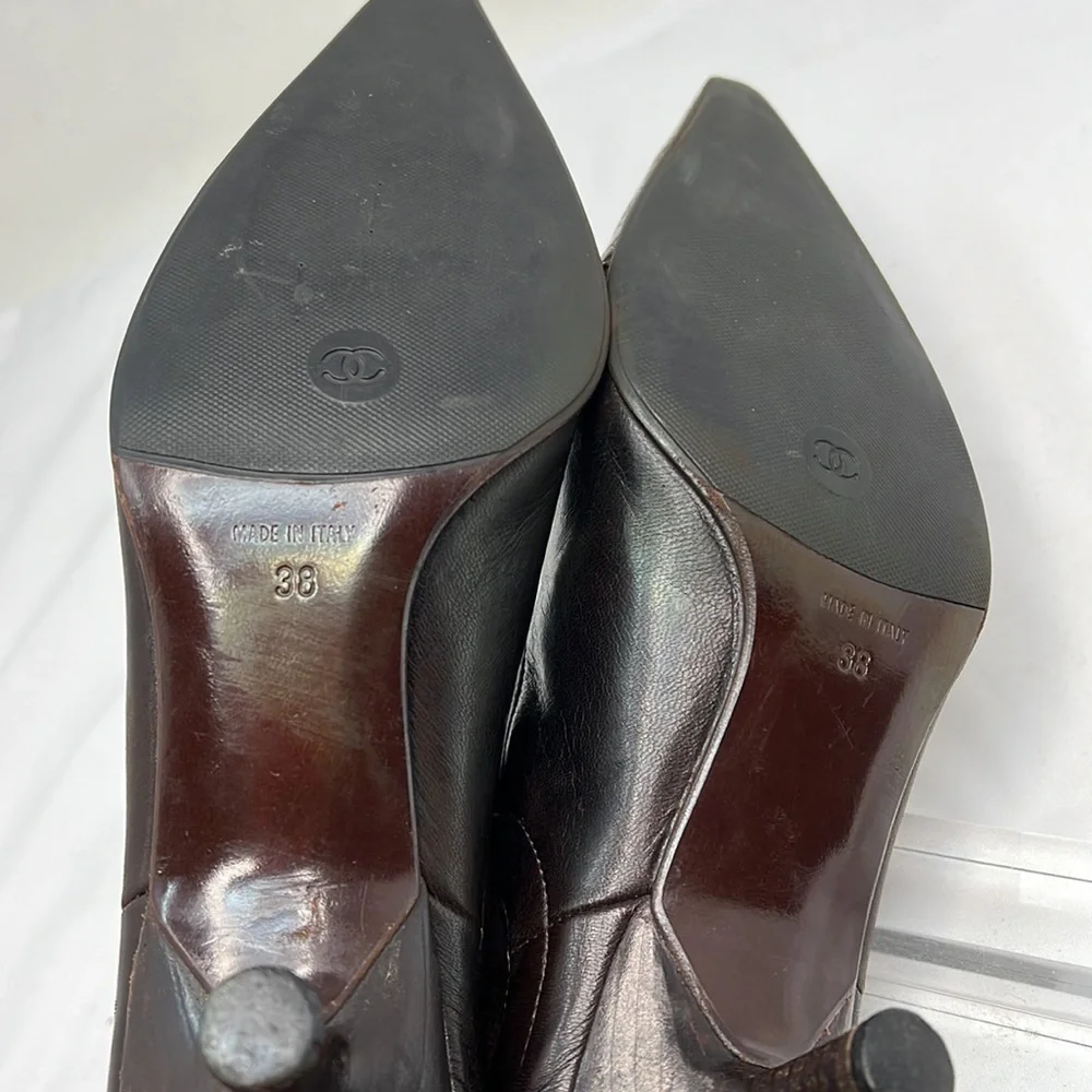 Chanel Sz 8 Brown Leather Croc and Suede Ankle Length Sock Kitten Heel Boots